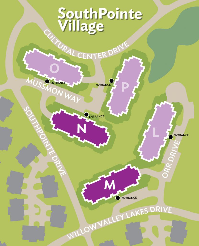 Map of SouthPointe Village newly constructed apartment buildings.